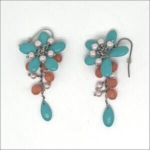 Sarah Coventry Turquoise, Coral, and Pearl Floral Dangling Drop Earrings